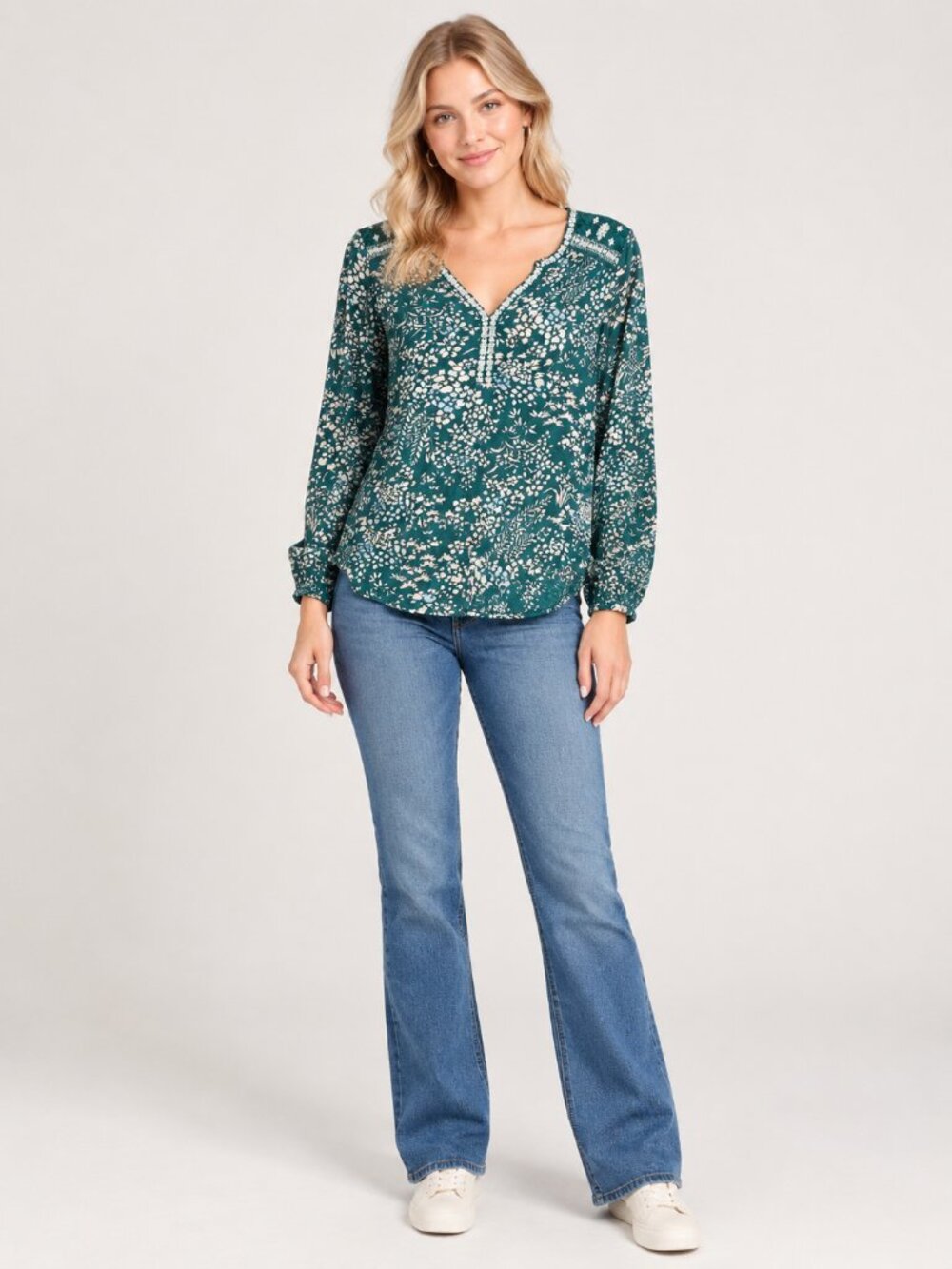Lucky Brand Floral Print Embroidered Boho Notched Top Emerald Medium #A4417